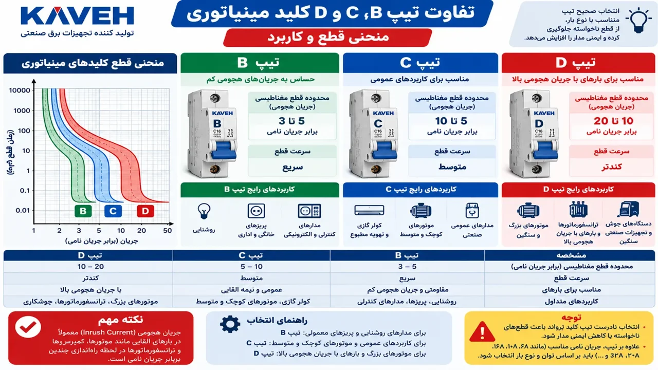 تفاوت تیپ B، C و D کلید مینیاتوری؛ منحنی قطع و کاربرد