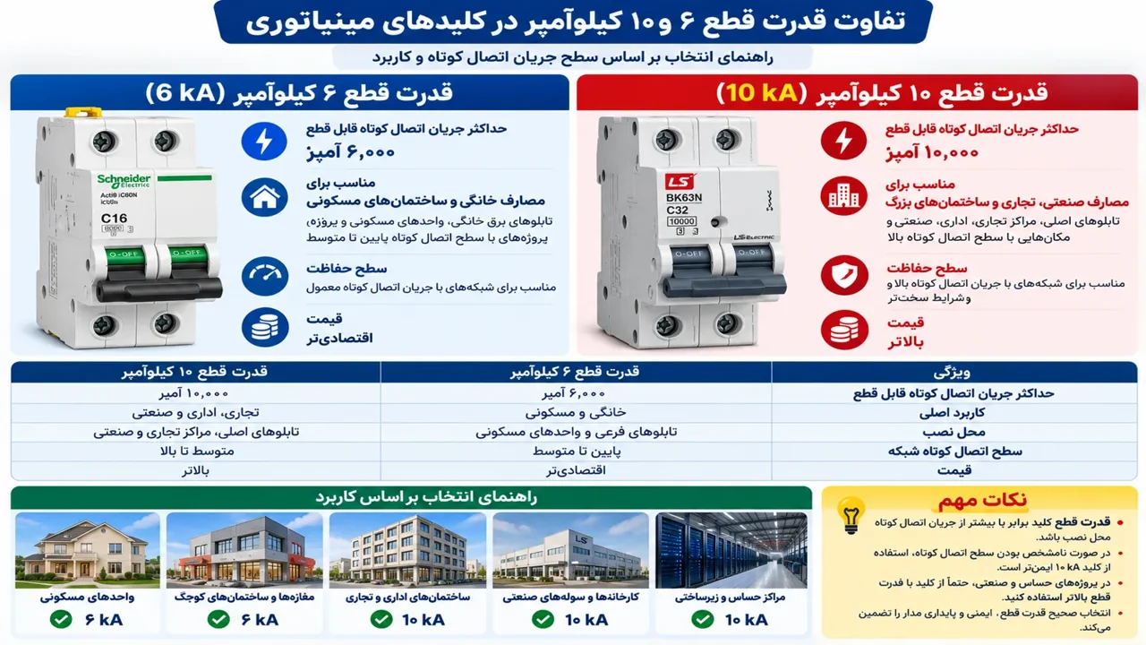 تفاوت قدرت قطع ۶ و ۱۰ کیلوآمپر کلید مینیاتوری؛ راهنمای انتخاب