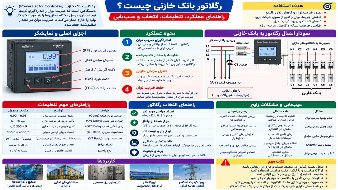 رگلاتور بانک خازنی چیست؟ راهنمای تنظیم، انتخاب و عیب‌یابی