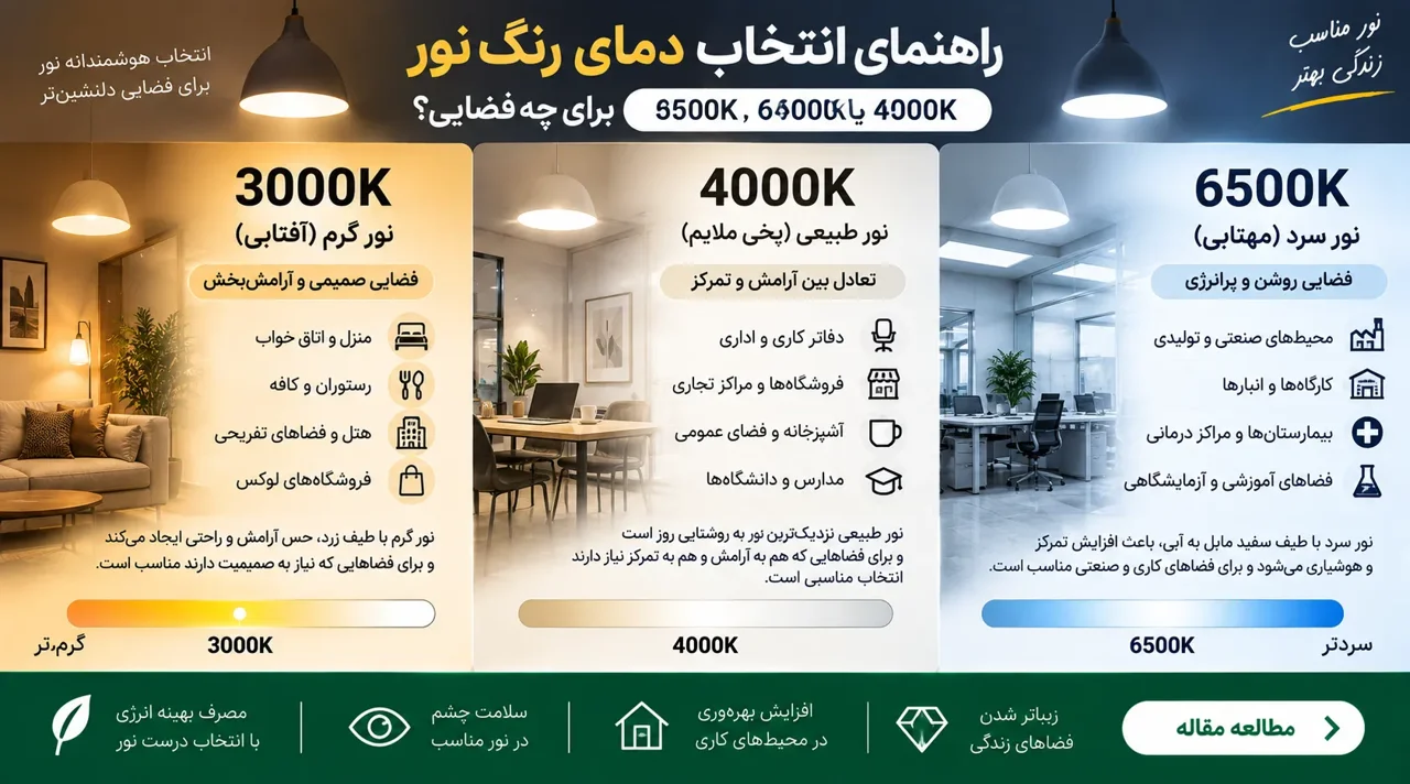 راهنمای انتخاب دمای رنگ نور؛ 3000K، 4000K یا 6500K برای چه فضایی؟