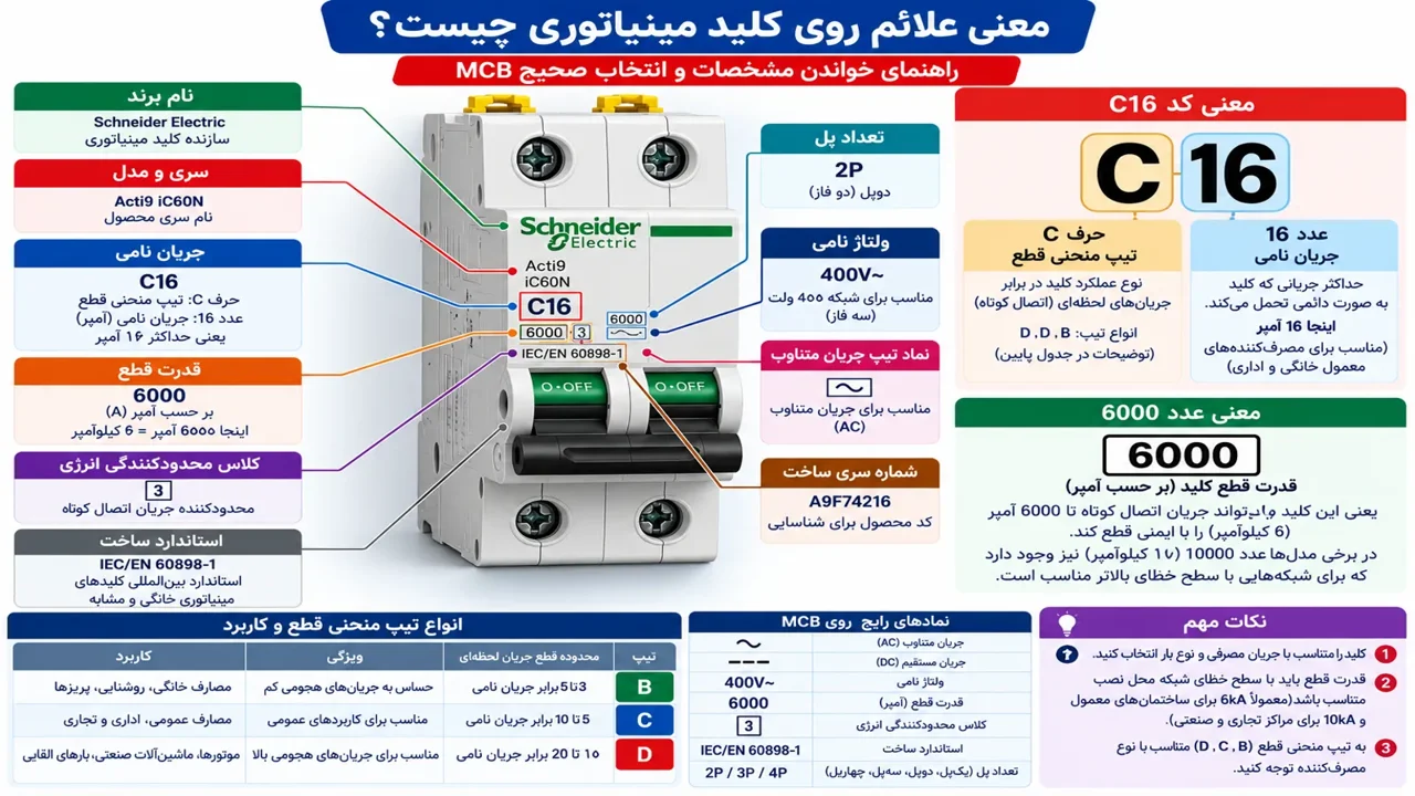 معنی علائم روی کلید مینیاتوری چیست؟ راهنمای خواندن C16، 6000 و مشخصات MCB