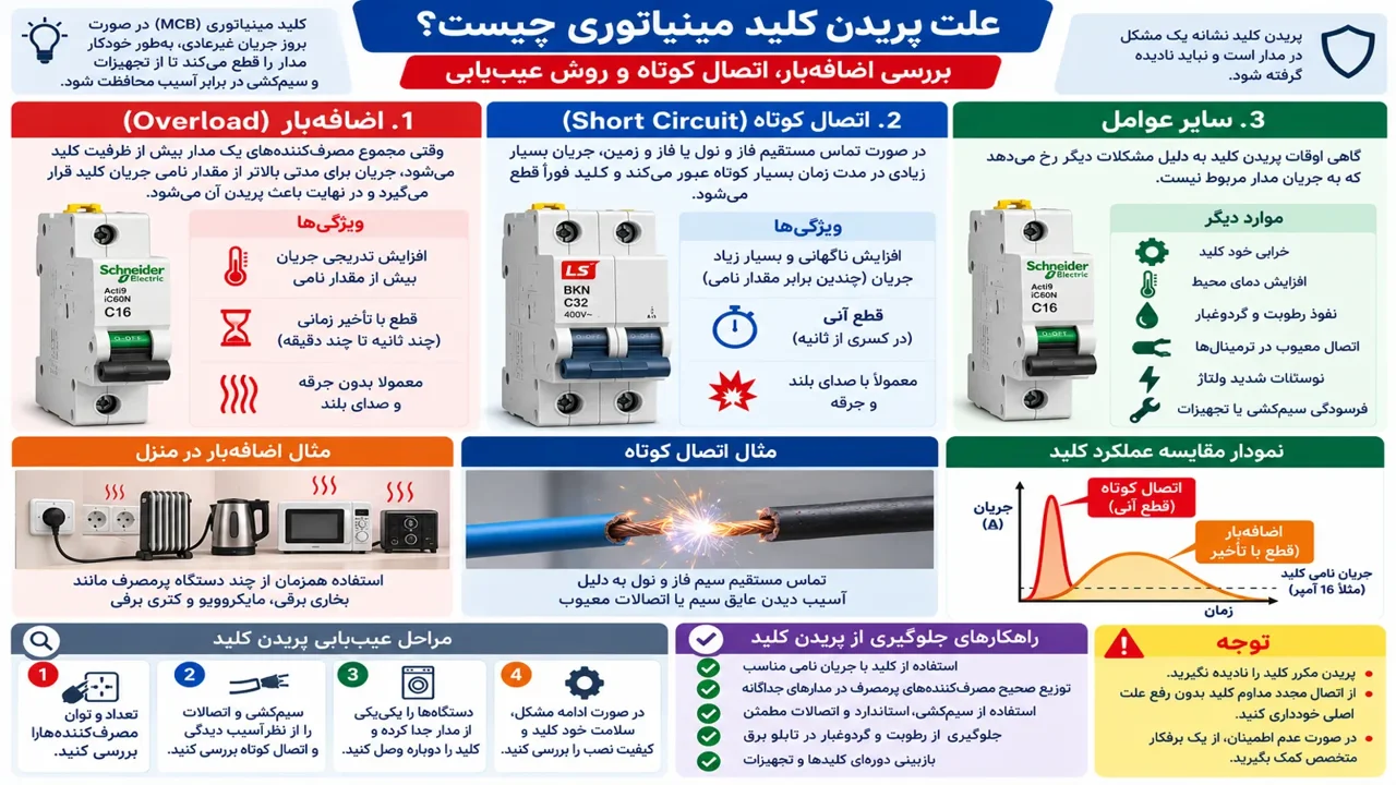 علت پریدن کلید مینیاتوری چیست؟ اضافه‌بار، اتصال کوتاه و عیب‌یابی