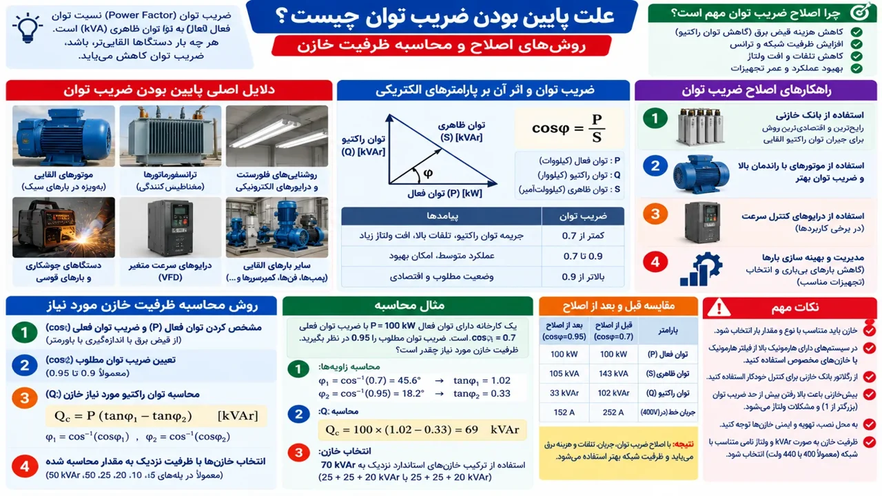 علت پایین بودن ضریب توان چیست؟ روش اصلاح و محاسبه خازن