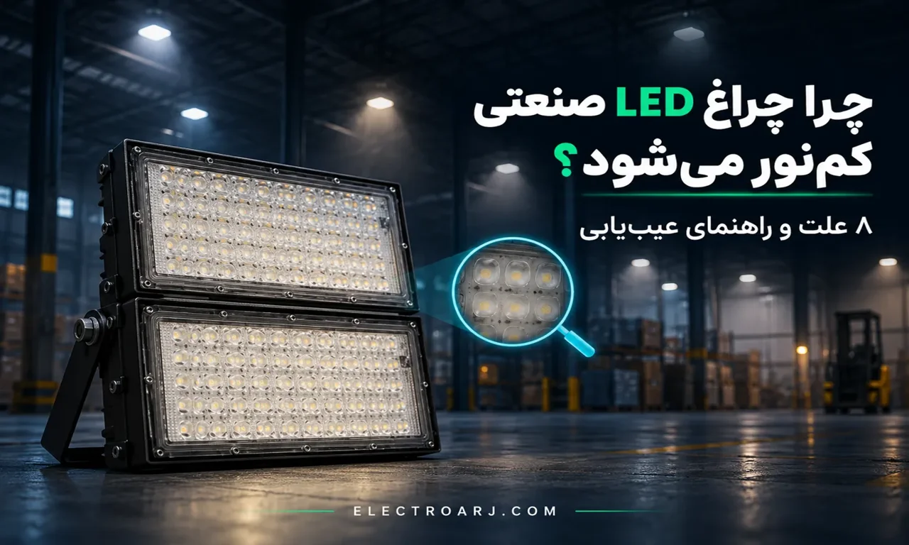چرا چراغ صنعتی LED کم‌نور می‌شود؟ ۸ علت و راهنمای عیب‌یابی